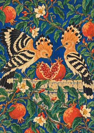 Two orange-crested, barred-wing birds lean toward a split pomegranate amid leaves, vines, blossoms, and seeds on a blue ground.