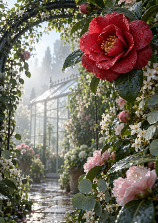 Water-beaded red camellia-like flower in the upper right, framed by glossy leaves and smaller blossoms in a misty greenhouse garden.