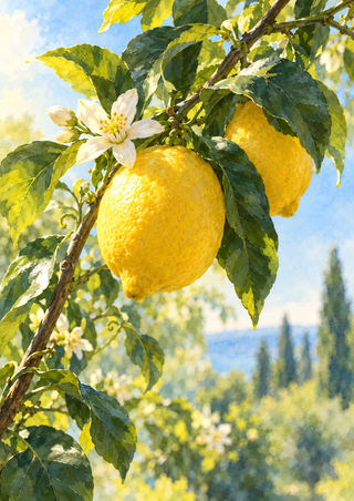 Two yellow lemons and an open white blossom among glossy green leaves on a diagonal branch against a blue-green garden background.