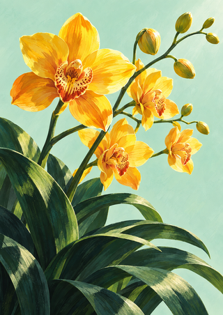 Golden orchid blooms and buds rise above dark green leaves against a pale mint background.