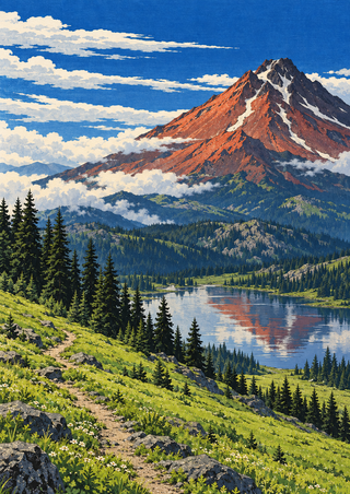Rust-red mountain with snow remnants above evergreen hills, a bright meadow trail, and a lake with a broken reflection.