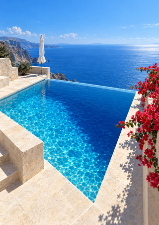 Vivid blue pool on a pale stone terrace above the sea, with a closed white parasol and red-pink flowers along the parapet.