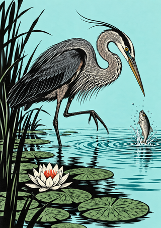 A heron bends toward a fish emerging from a lily pond, with reeds, lily pads, ripples, and a white water lily.