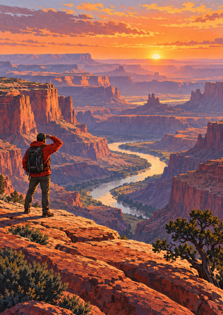 A small hiker in a red-orange jacket looks across layered canyon cliffs and a winding river at sunset.