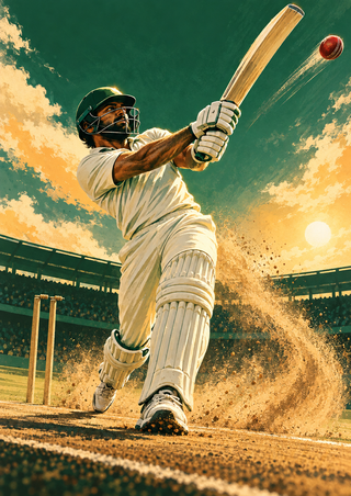 A helmeted cricket batter in white kit drives upward as a red ball flies past stumps amid a sweeping dust plume.