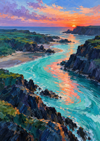 A turquoise tidal channel curves between dark cliffs toward an orange sun beneath a pastel sunset sky.