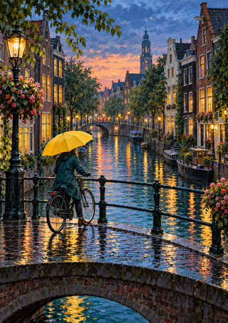 A cyclist in a dark teal coat rides beneath a bright yellow umbrella across a stone canal bridge at dusk.