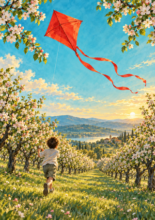 A child runs between flowering orchard trees beneath a large red-orange diamond kite with long tails, with a sunlit valley in the distance.