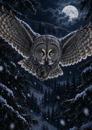 A gray owl with amber eyes flies toward the viewer through snowy pine branches beneath a bright moon.