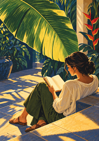 An adult woman reads an open book beneath a huge banana leaf in a sunlit tiled conservatory with a potted plant and red flowers.