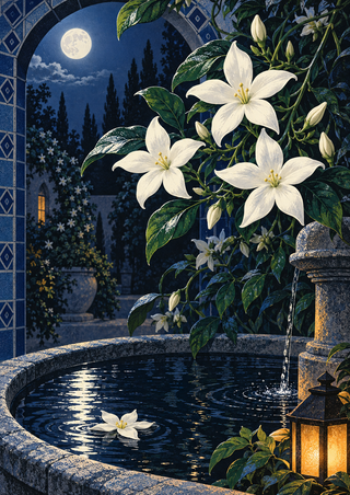 White jasmine blossoms and glossy leaves surround a stone fountain beneath a blue tiled arch, with a moon, floating flower and lantern.