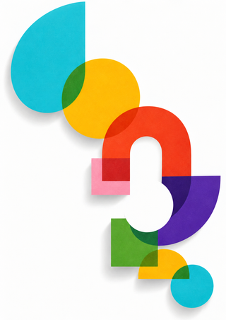 Overlapping turquoise, yellow, red-orange, violet, green, and pink geometric forms descend in a zigzag around a white opening.