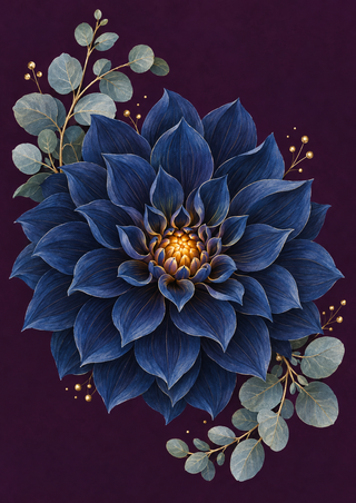 Layered midnight-blue dahlia with amber center and silvery eucalyptus sprigs on a deep plum background.