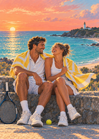 Two adults laugh beneath a shared yellow-and-white towel on a seaside wall, with a tennis racket, yellow ball, bay, and lighthouse.