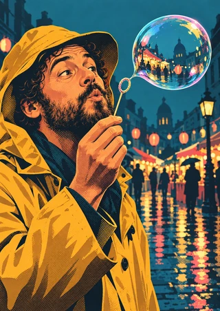 Bearded street performer in a yellow raincoat blowing an iridescent bubble reflecting a lantern-lit city market.