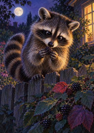 Raccoon perched on a wooden fence holding dark berries, with a moon, bramble, and warm-lit window behind it.