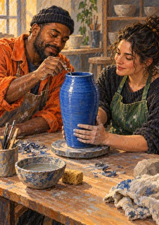 Two adult ceramic artists work around a cobalt-blue vessel on a pottery wheel, with a small tool near the rim and studio materials on the table.