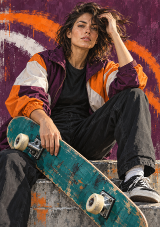 Adult skateboarder in color-block streetwear sits on concrete steps, holding a teal skateboard against a plum background with orange and white strokes.