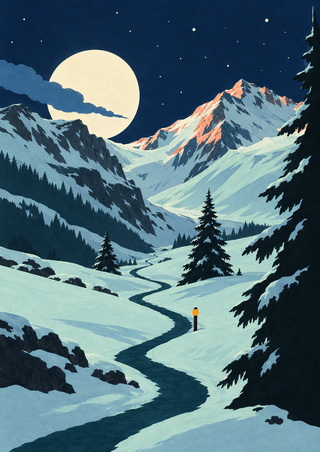 A large ivory moon over a geometric snowy mountain pass with a winding dark trail, fir trees, and a cropped evergreen at right.