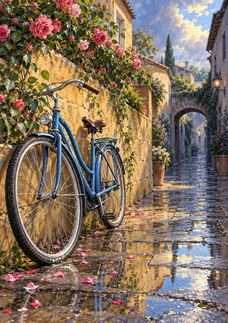 Partly cropped blue bicycle beside a rose-covered ochre stone wall, with wet paving, petals and an arched lane in the distance.