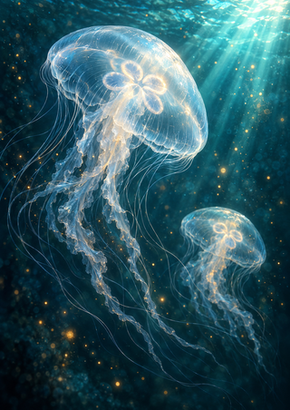 Two glowing translucent jellyfish drift through deep teal water beneath turquoise light beams, with trailing tentacles and amber specks.