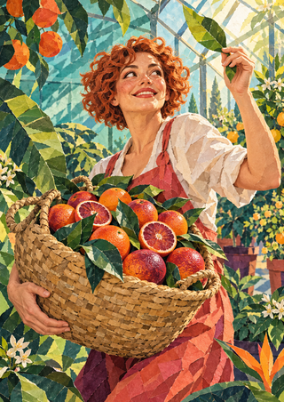 Smiling woman with short copper curls carries a woven basket of whole and halved blood oranges in a leafy greenhouse, raising a leaf.