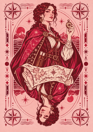 Mirrored cloaked cartographer holding a compass and map amid ornate compass roses, stars, waves, and mountains.