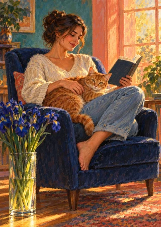 An adult woman reading an open book in an indigo armchair with an orange tabby on her lap and a vase of irises in the foreground.