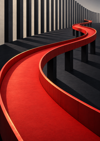 Vermilion S-shaped elevated ramp with dark supports and shadows among receding pale and charcoal vertical fins.