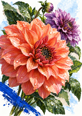 Oversized coral-orange dahlia with dark center, violet companion bloom, green water-dappled leaves, and a cobalt-blue stroke.