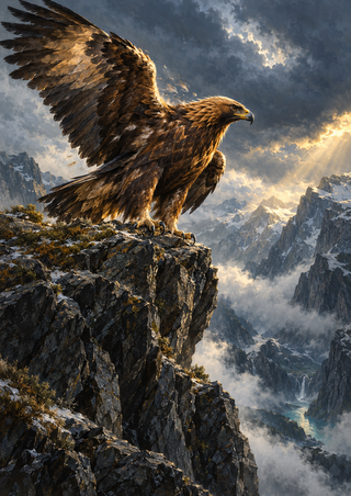 Brown-and-gold eagle with lifted wings standing on a rocky mountain ledge above a misty valley.