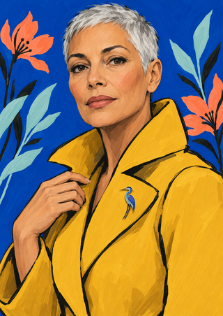 Silver-haired woman in a yellow jacket touches her oversized collar; a small blue heron pin and coral and aqua botanicals stand out against blue.