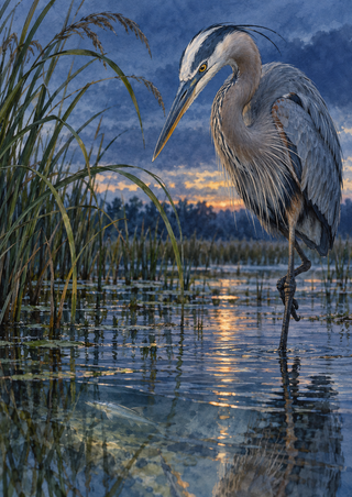 Blue-grey heron standing in shallow marsh water beside reeds, with a fish visible beneath the reflective surface and a warm dusk horizon.