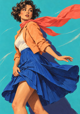 Woman with short dark curls turns in an apricot jacket as her cobalt pleated skirt and coral scarf billow against turquoise.