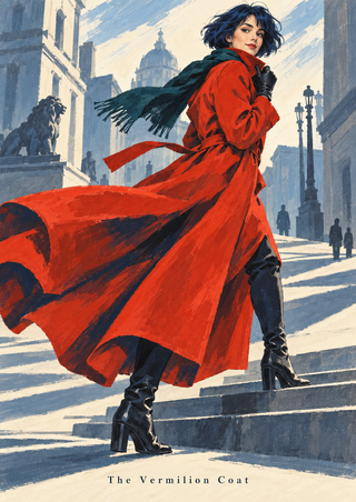 Fashion illustration of a woman in a sweeping red-orange coat striding down broad city steps, with a streaming scarf and plaza architecture.