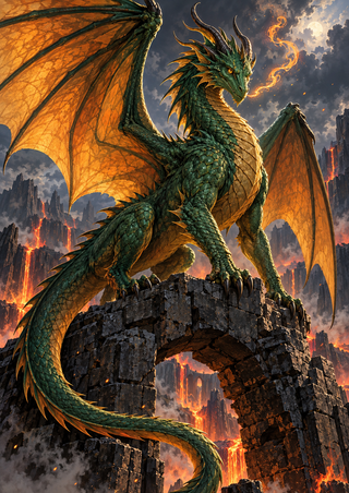 A horned emerald dragon with orange-gold wings perches on a broken dark stone arch against smoky volcanic cliffs.
