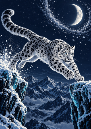 Spotted snow leopard leaping over an icy mountain ravine beneath a crescent moon and stars.