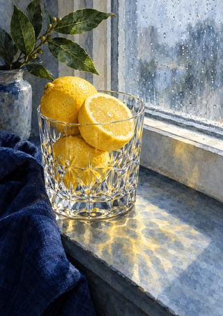 A faceted glass tumbler with three lemons, including a cut half, beside a leafy sprig and cobalt cloth on a rain-lit windowsill.