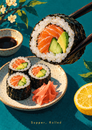 Salmon, cucumber, and avocado maki roll held in dark chopsticks above a plate of rolls, ginger, sauce, and lemon on teal.