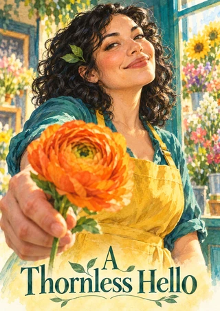 Smiling florist in a yellow apron and teal sleeves offers a large orange flower in a colorful shop; “A Thornless Hello” appears on her apron.