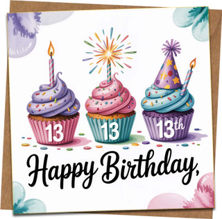 13th Birthday Card for Boy or Girl, Cupcake Candles Design, Happy 13 Birthday Greeting, 145mm x 145mm Square, Includes Kraft Envelope, Teenager Son Daughter Friend