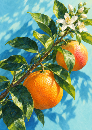 Illustration of a diagonal leafy citrus branch with two oranges, white blossoms and buds against a vivid aqua-blue background.