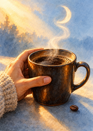 Hand in a cream knitted sleeve warming a dark coffee cup beneath curling steam, with one coffee bean nearby.