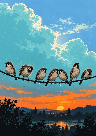 Seven sparrows perch on a sagging dark wire beneath a turquoise cloud and orange sunset, above dark foliage and reflective water.