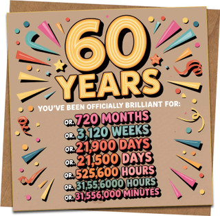 60th Birthday Card - 60 Years Funny Milestone Maths Design, You've Been Officially Brilliant For Months/Weeks/Days/Hours/Minutes - 145mm x 145mm Greeting Card with Kraft Envelope