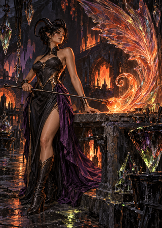 A black-horned woman in a dark gown and violet sash stands in a fiery forge beside a glowing wing-shaped glass sculpture.