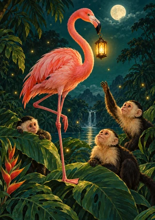 Pink flamingo with a glowing lantern above three monkeys among tropical leaves, with a full moon and distant waterfall.