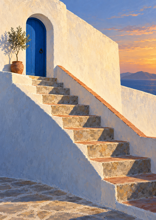 Cobalt-blue arched door in a whitewashed courtyard above stone steps, with a clay pot and distant hills.