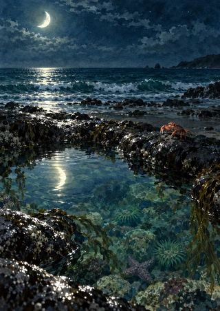 Small coral-red crab on a rocky edge beside a moon-reflecting tidepool and dark ocean surf.