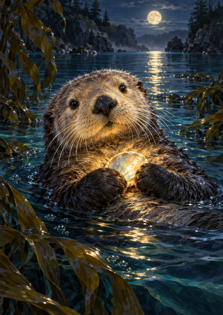 Sea otter floating in dark water and holding a glowing iridescent shell beneath a full moon.